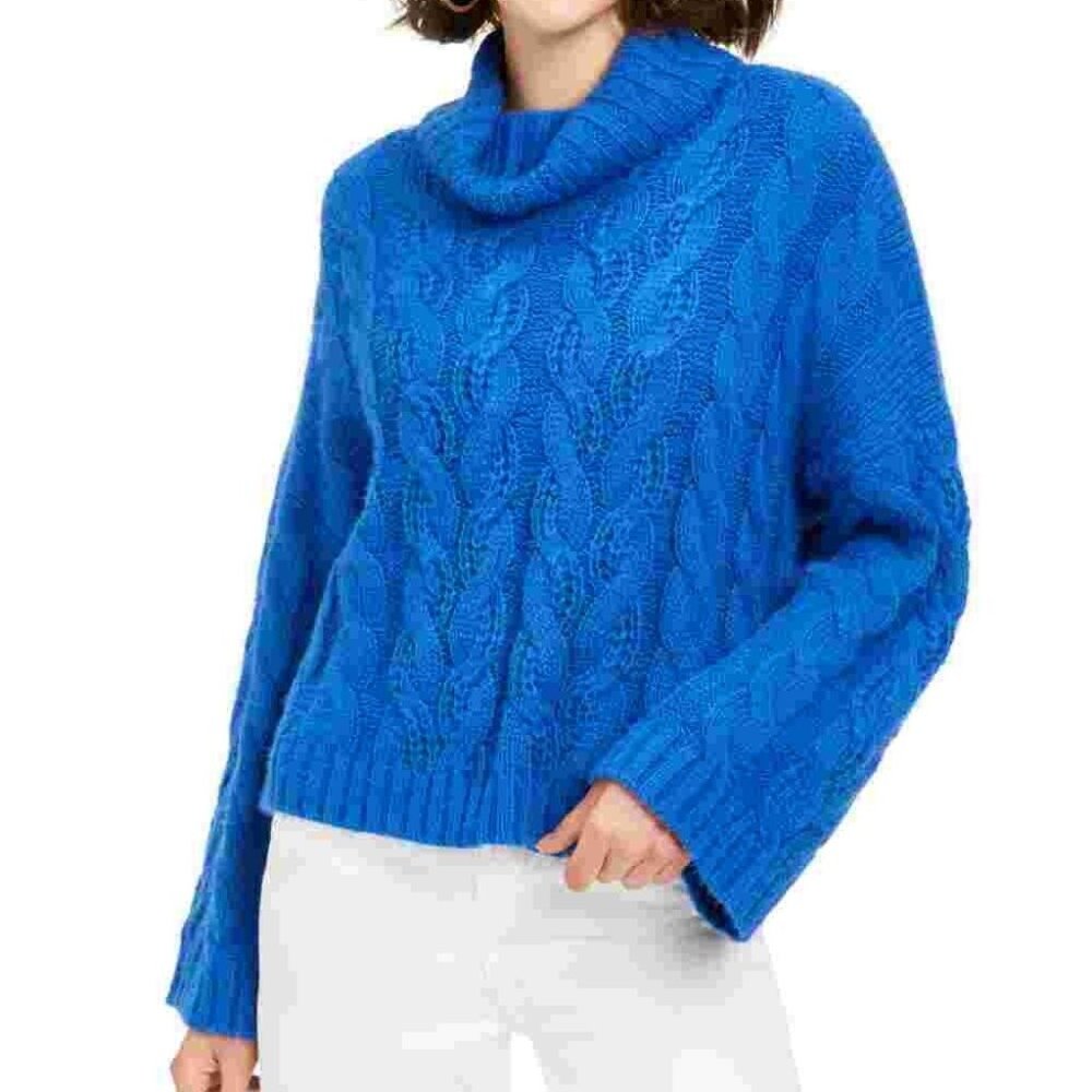 NWT Sun+ Moon Womens M Blue Long Sleeve Cowl Neck Cable Knit Long Sleeve Sweater
